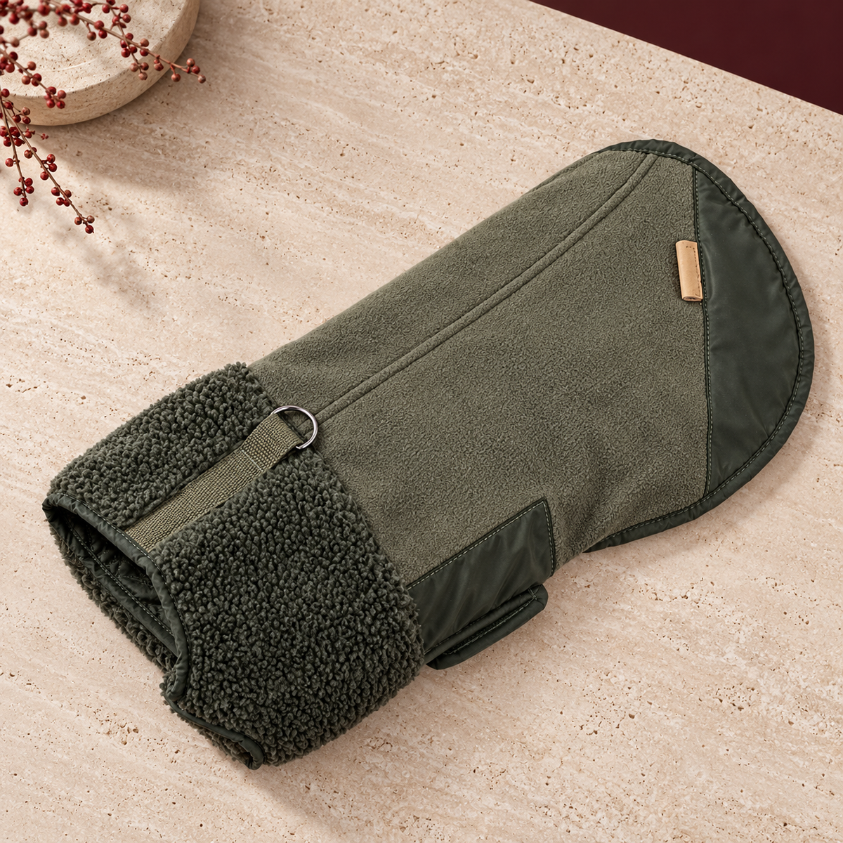 Sherpa Collar Canvas Dog Vest — Army Green flat product view