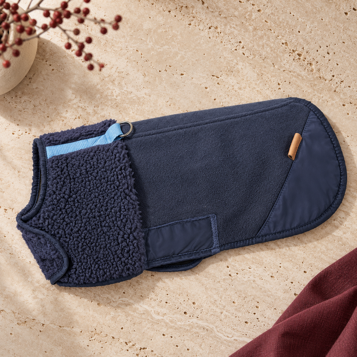 Sherpa Collar Canvas Dog Vest — Navy flat product view