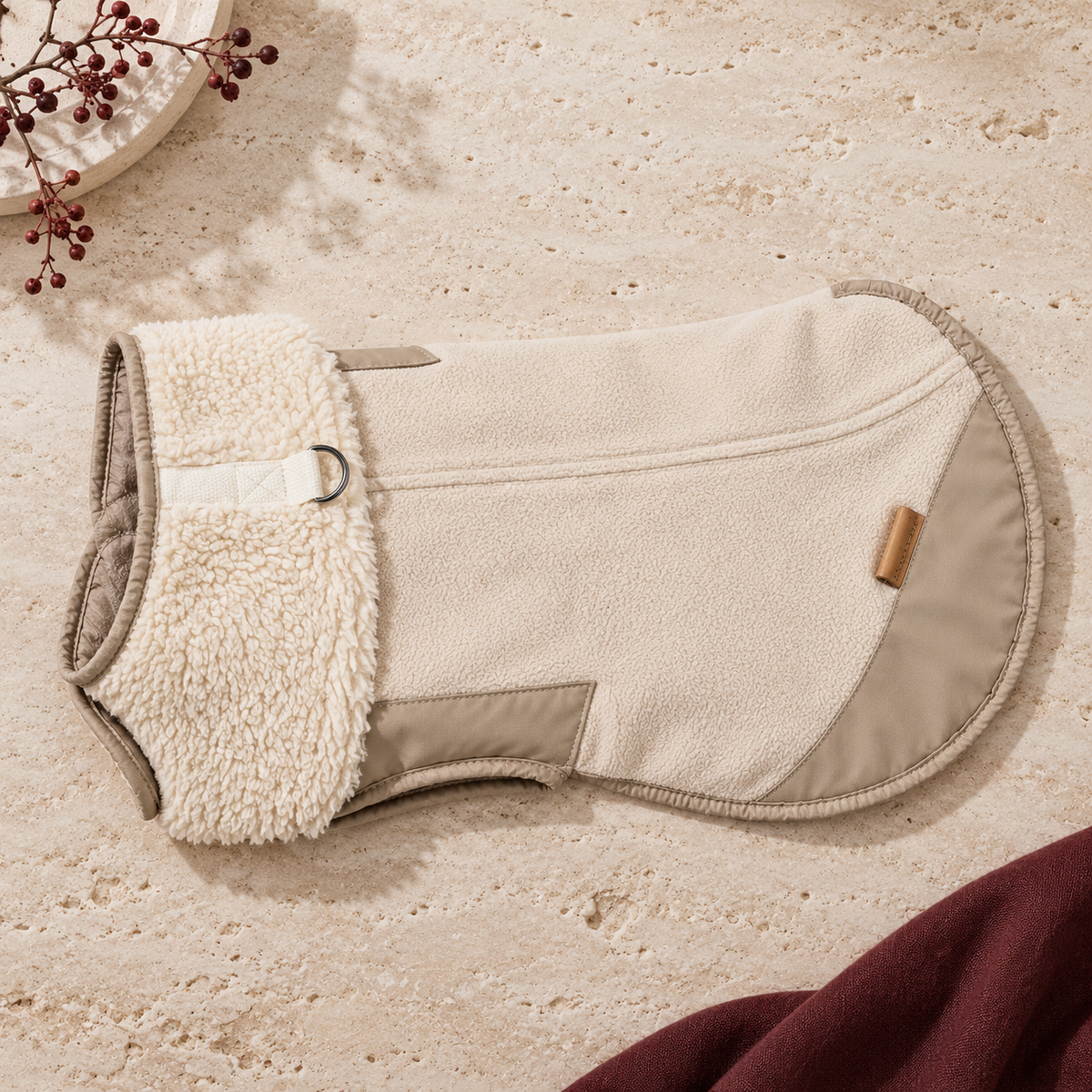 Sherpa Collar Canvas Dog Vest — Beige flat product view