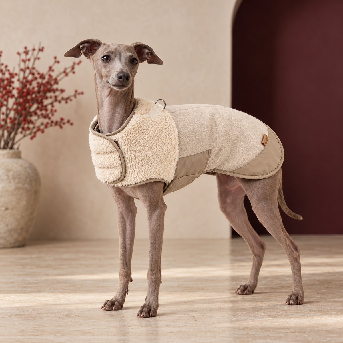 Italian Greyhound wearing the sherpa collar canvas dog vest in Beige