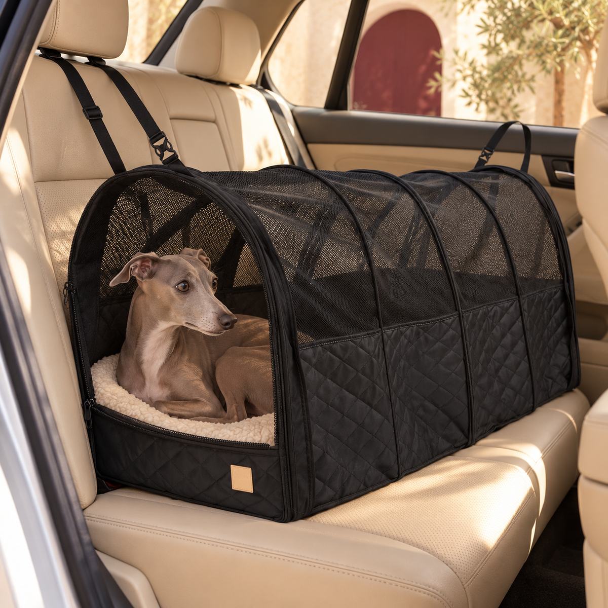 Foldable Dog Car Travel Tunnel — Black Italian Greyhound lifestyle