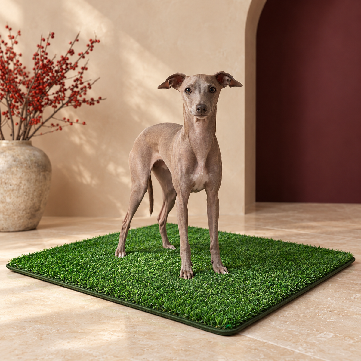 Italian Greyhound using the artificial grass dog potty mat