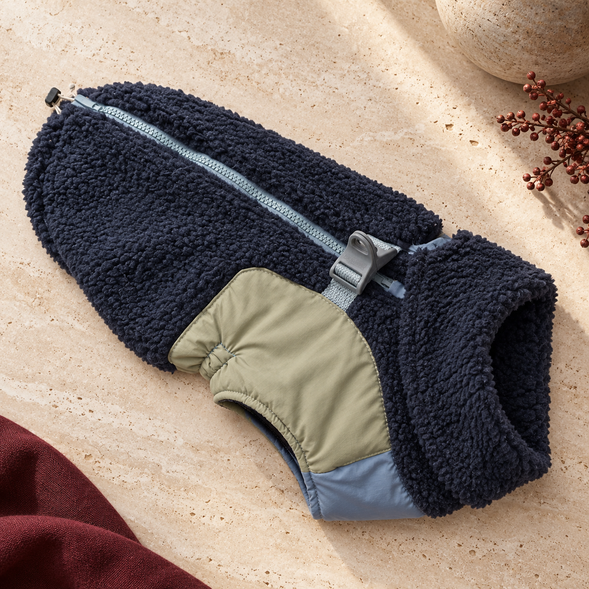 Colour Panel Sherpa Dog Jacket — Blue flat product view