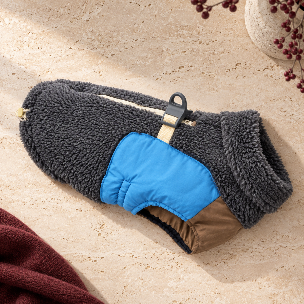 Colour Panel Sherpa Dog Jacket — Gray flat product view
