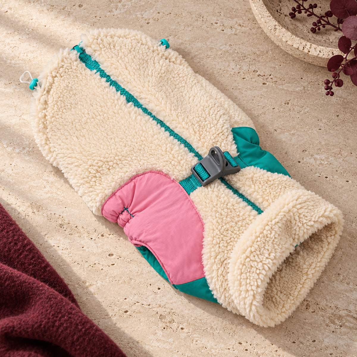Colour Panel Sherpa Dog Jacket — Beige flat product view
