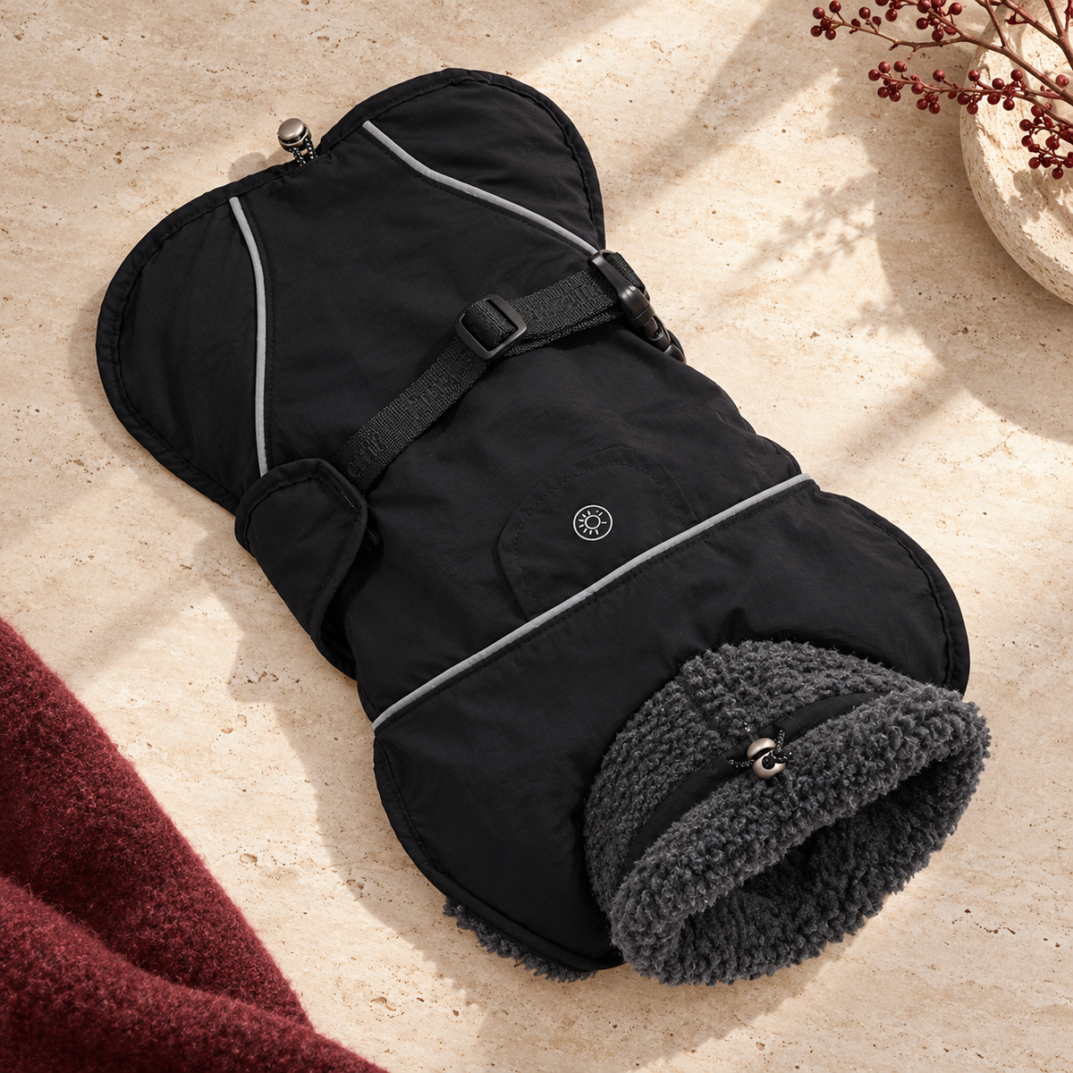 Fleece Collar Adjustable Dog Jacket — Black flat product view