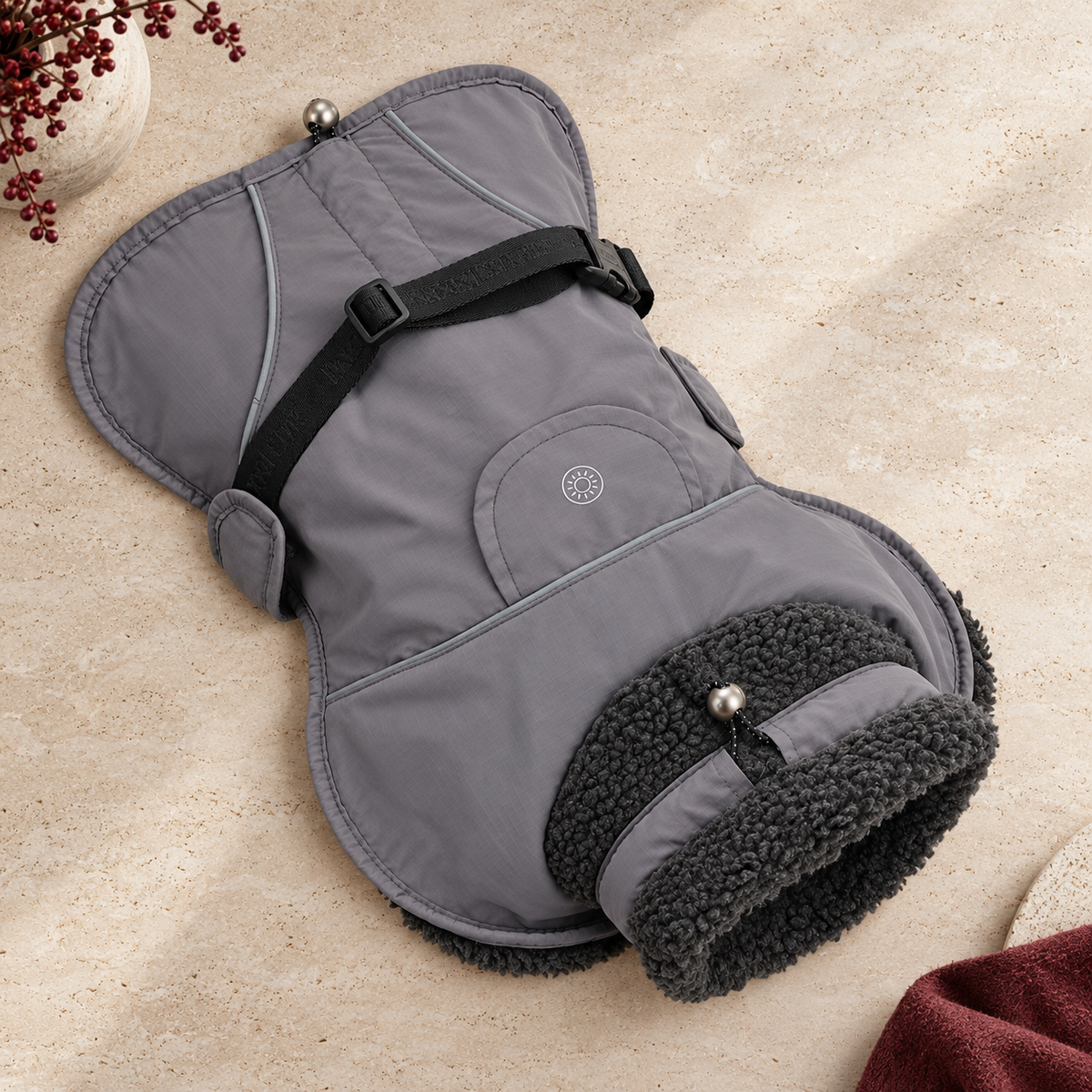 Fleece Collar Adjustable Dog Jacket — Gray flat product view