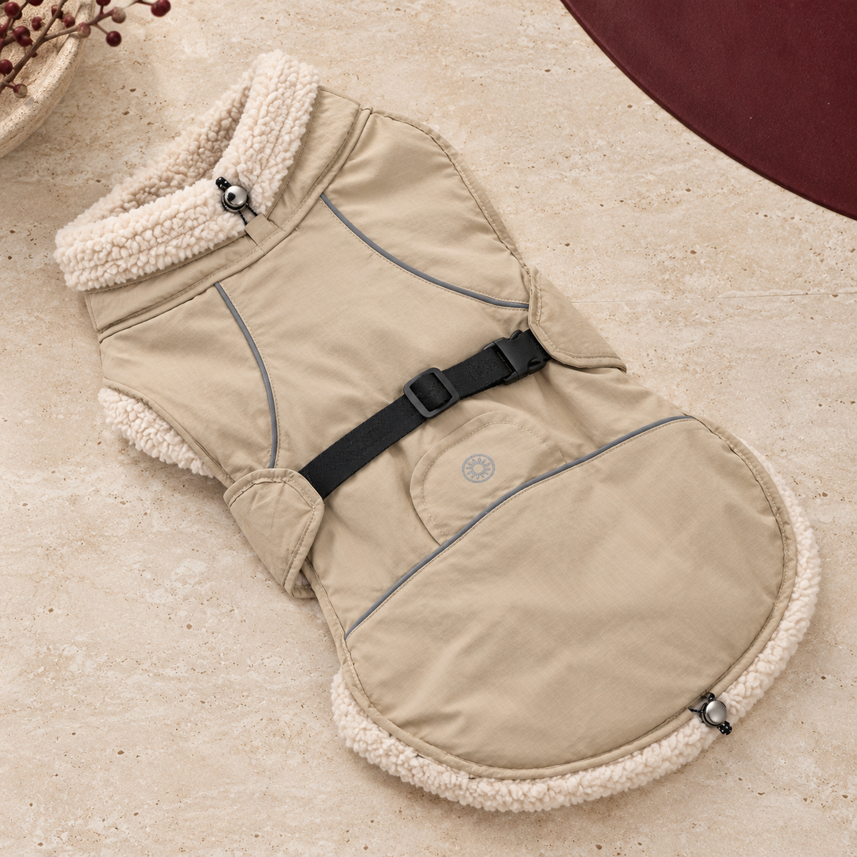 Fleece Collar Adjustable Dog Jacket — Beige flat product view