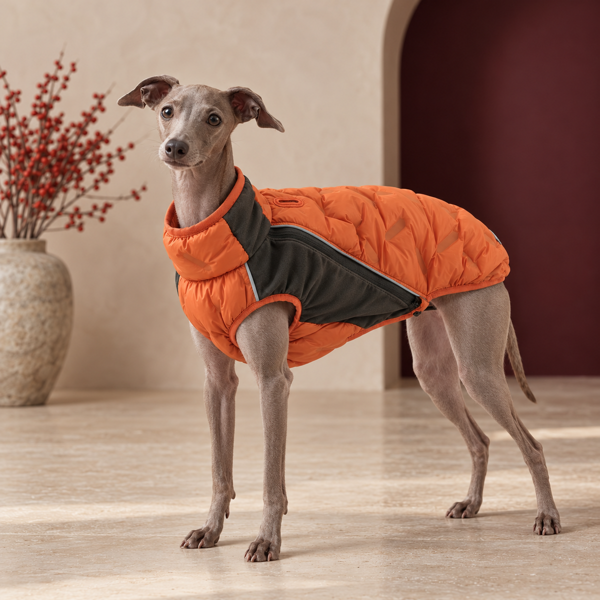 Italian Greyhound wearing the stretch panel down dog vest in Orange