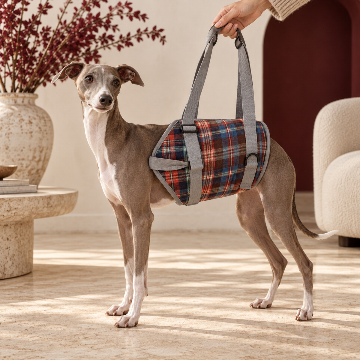 Italian Greyhound wearing the plaid lift harness