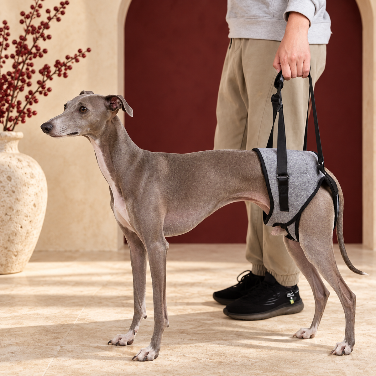 Adjustable Iggy Lift Harness for Rear-Leg Support – Italian Greyhound in the Iggy Grey interior