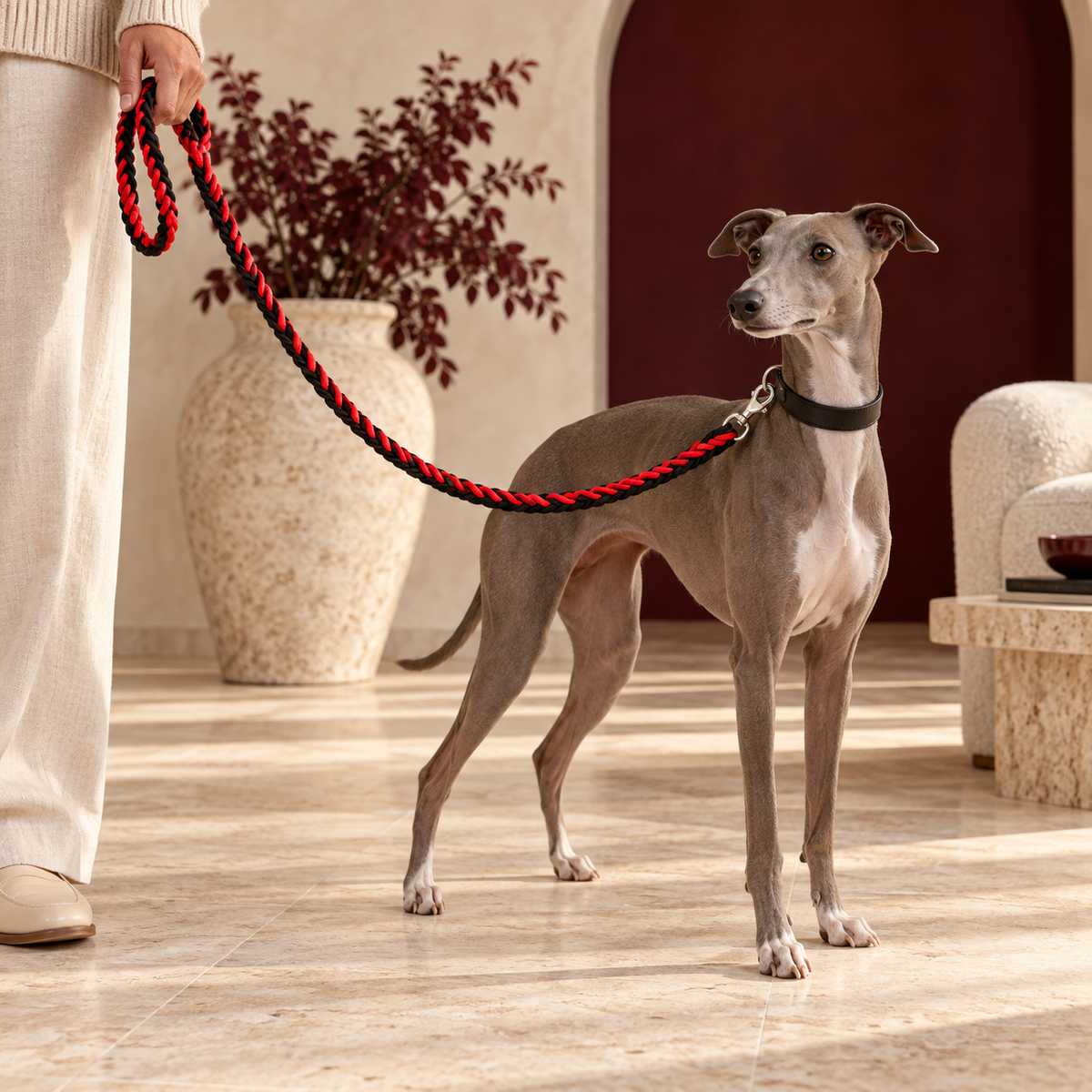 Italian Greyhound with the red and black braided leash