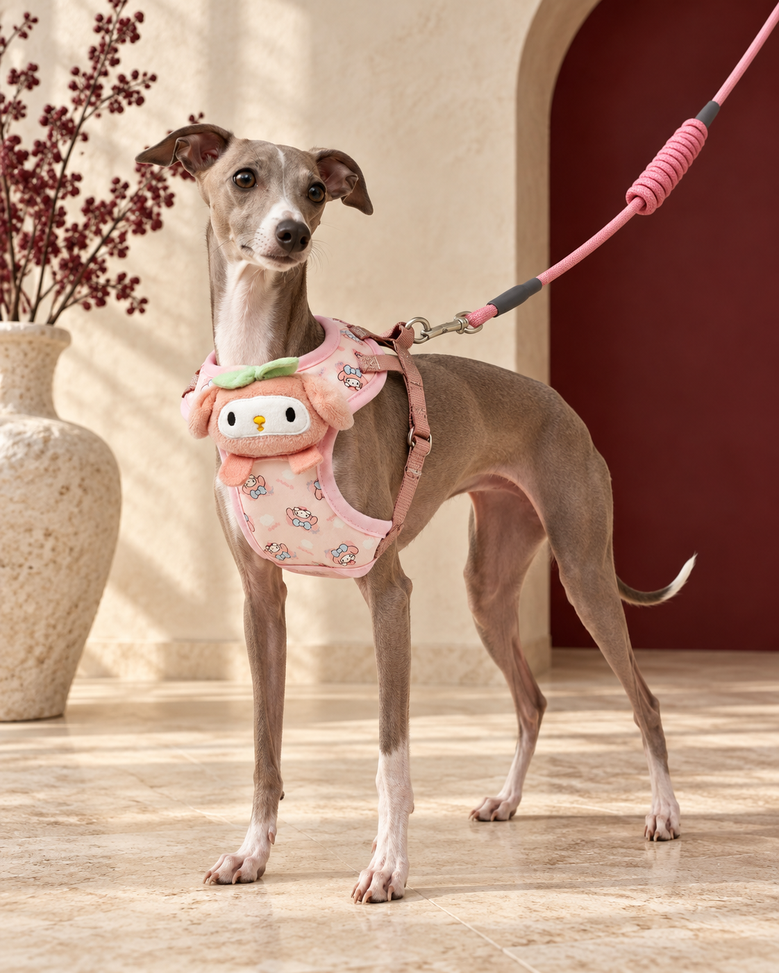 Italian Greyhound wearing the pink cartoon harness and leash