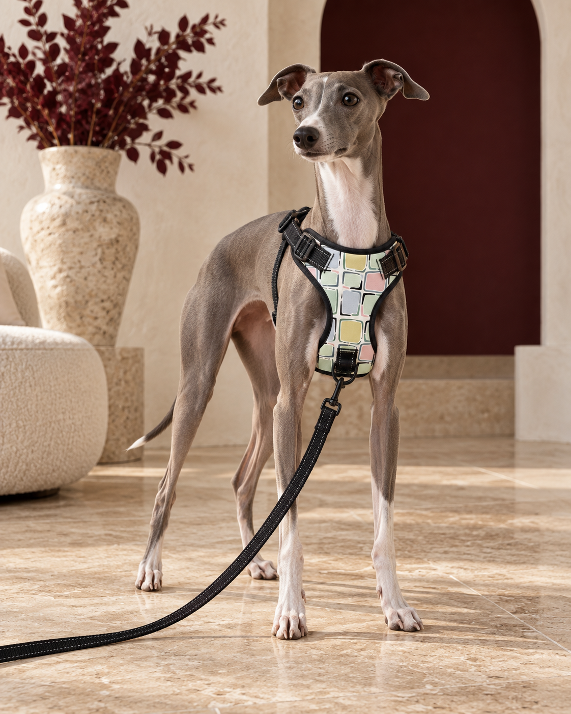 Italian Greyhound wearing the pastel-square Casper no-pull harness and leash