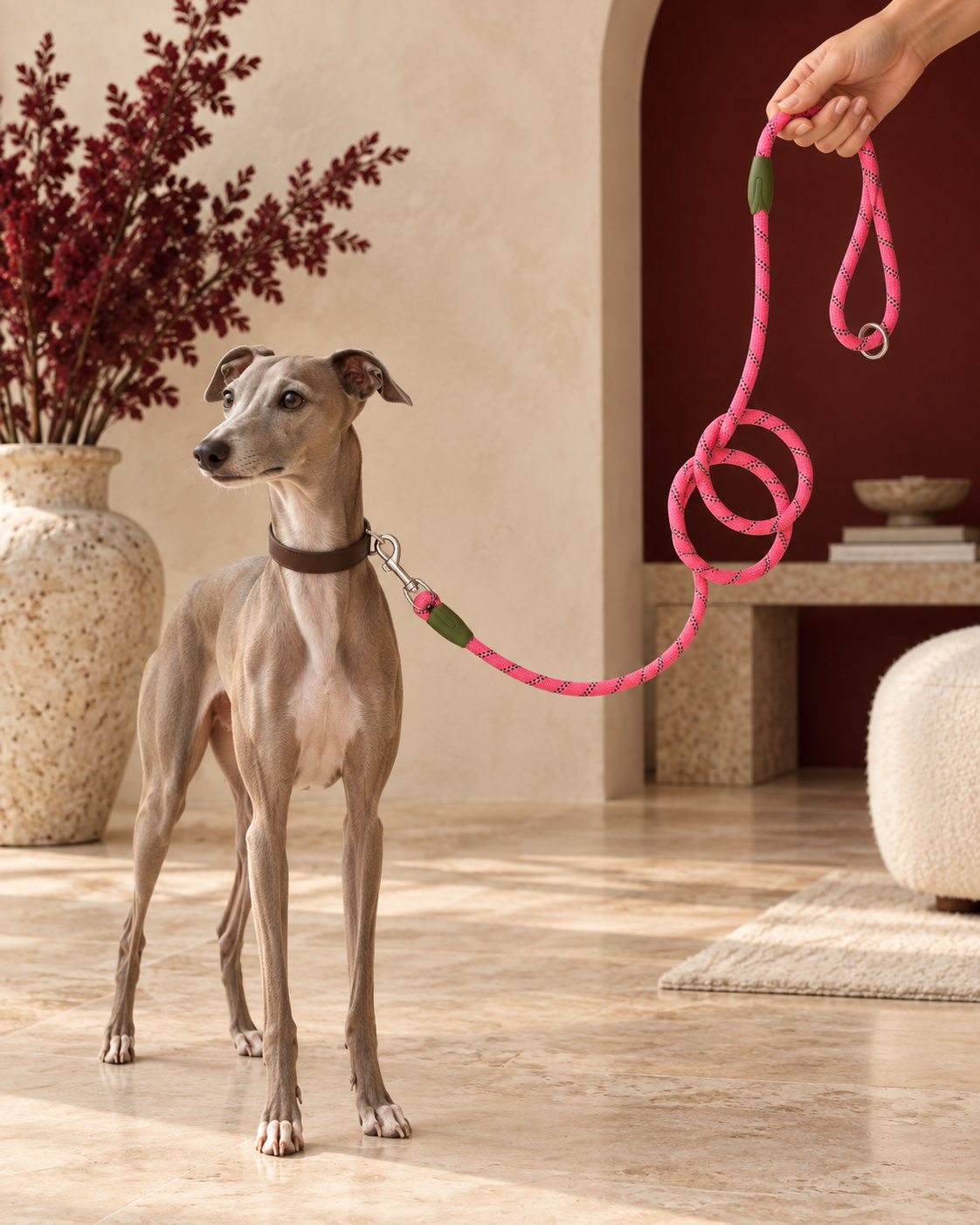 Italian Greyhound with the pink crossbody rope leash