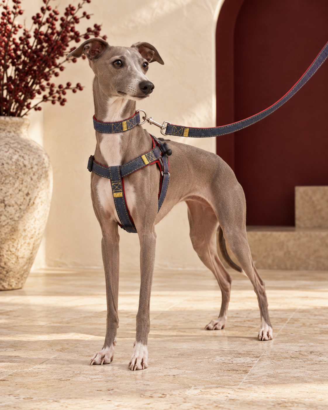 Italian Greyhound wearing the denim harness, collar and leash