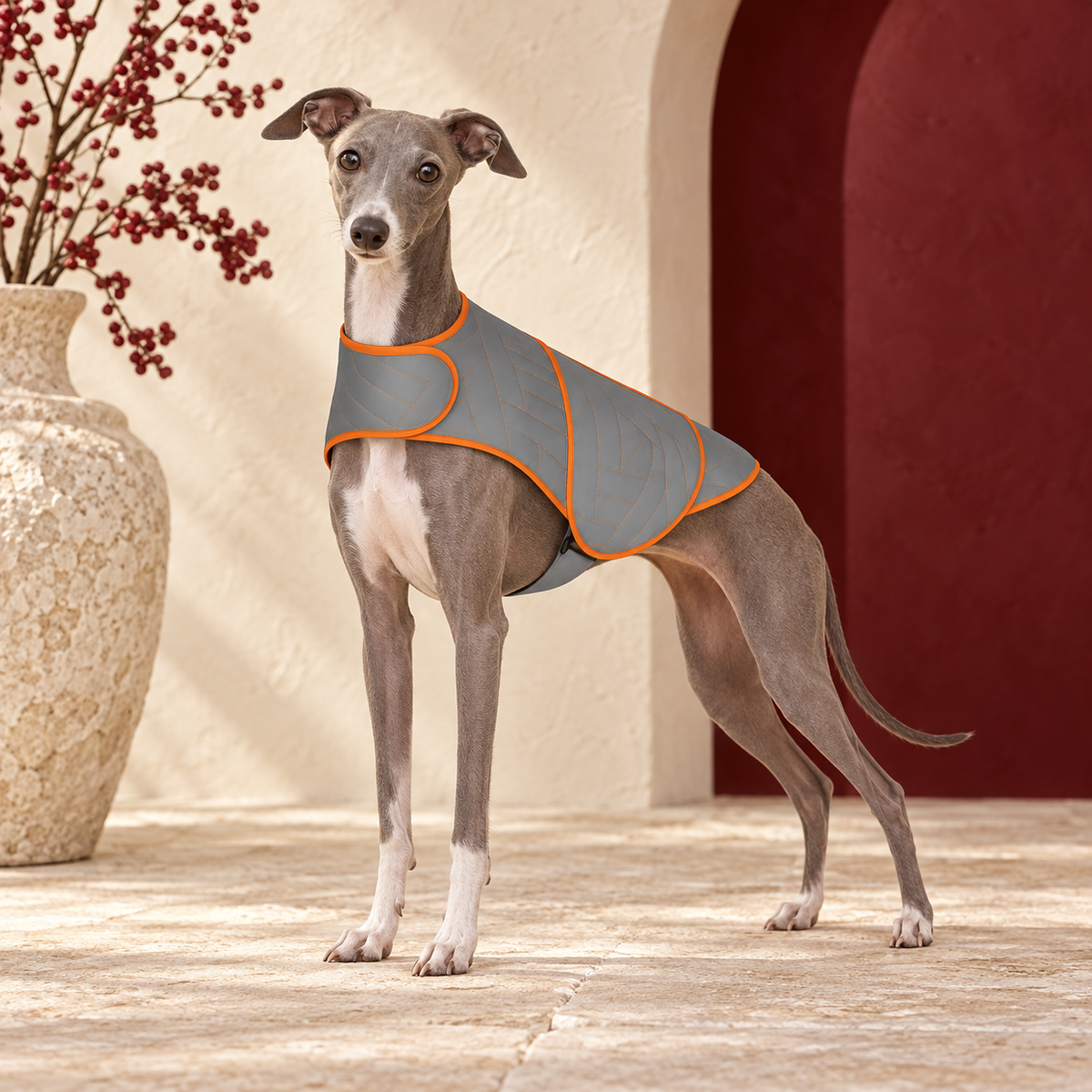 Anxiety Jacket for Dogs Calming Support Wear – Italian Greyhound in the Iggy Grey interior