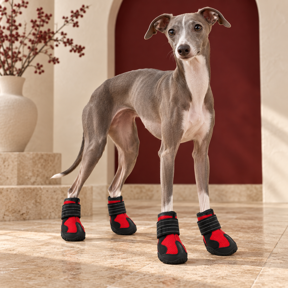 Italian Greyhound wearing red and black dog boots in a warm interior