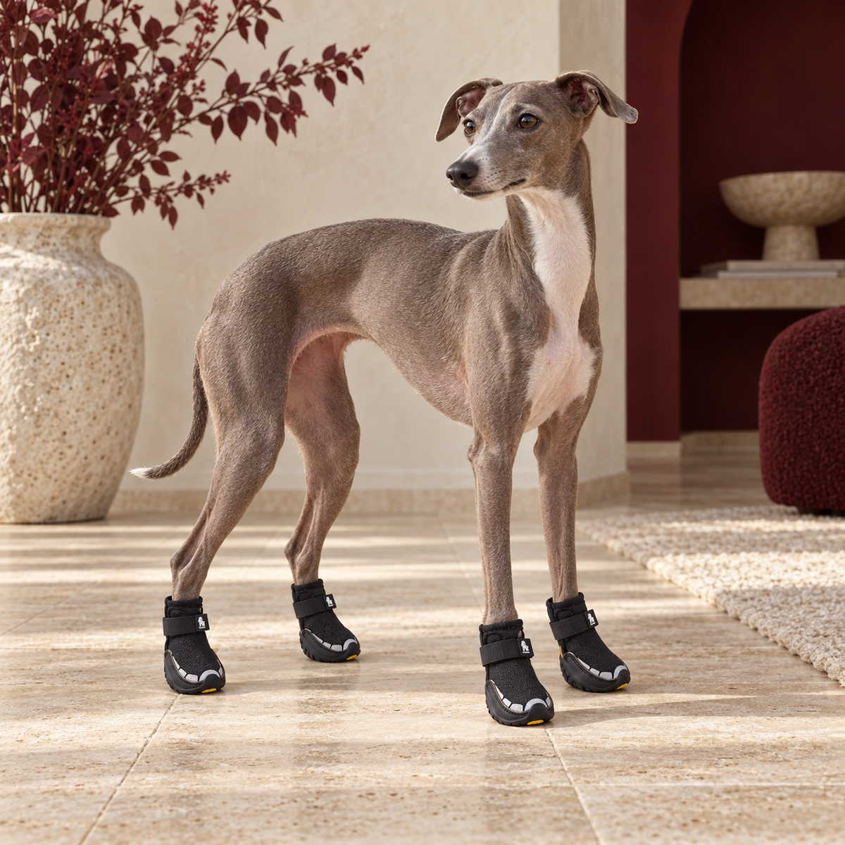 Italian Greyhound wearing black reflective dog boots