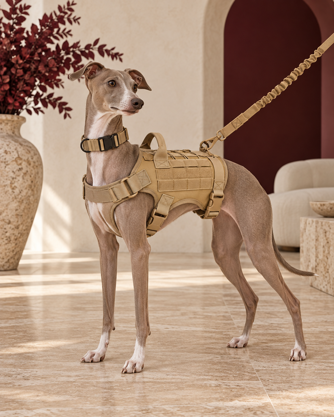 Italian Greyhound wearing the tan tactical harness and leash