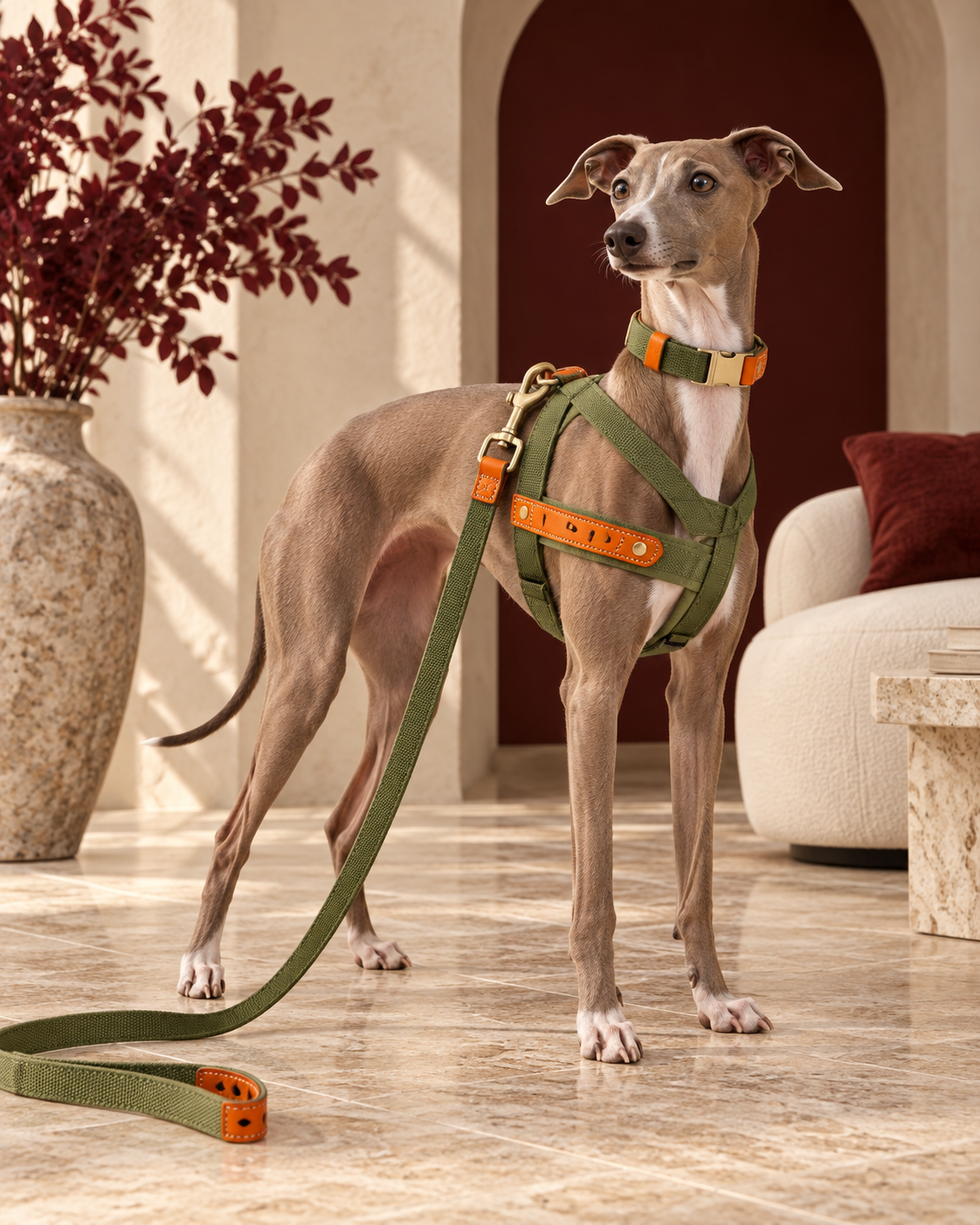 Italian Greyhound wearing the olive harness, collar and leash set