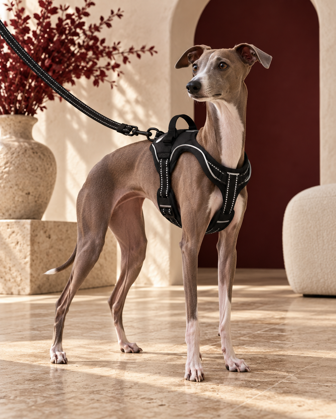 Italian Greyhound wearing the black reflective harness and leash