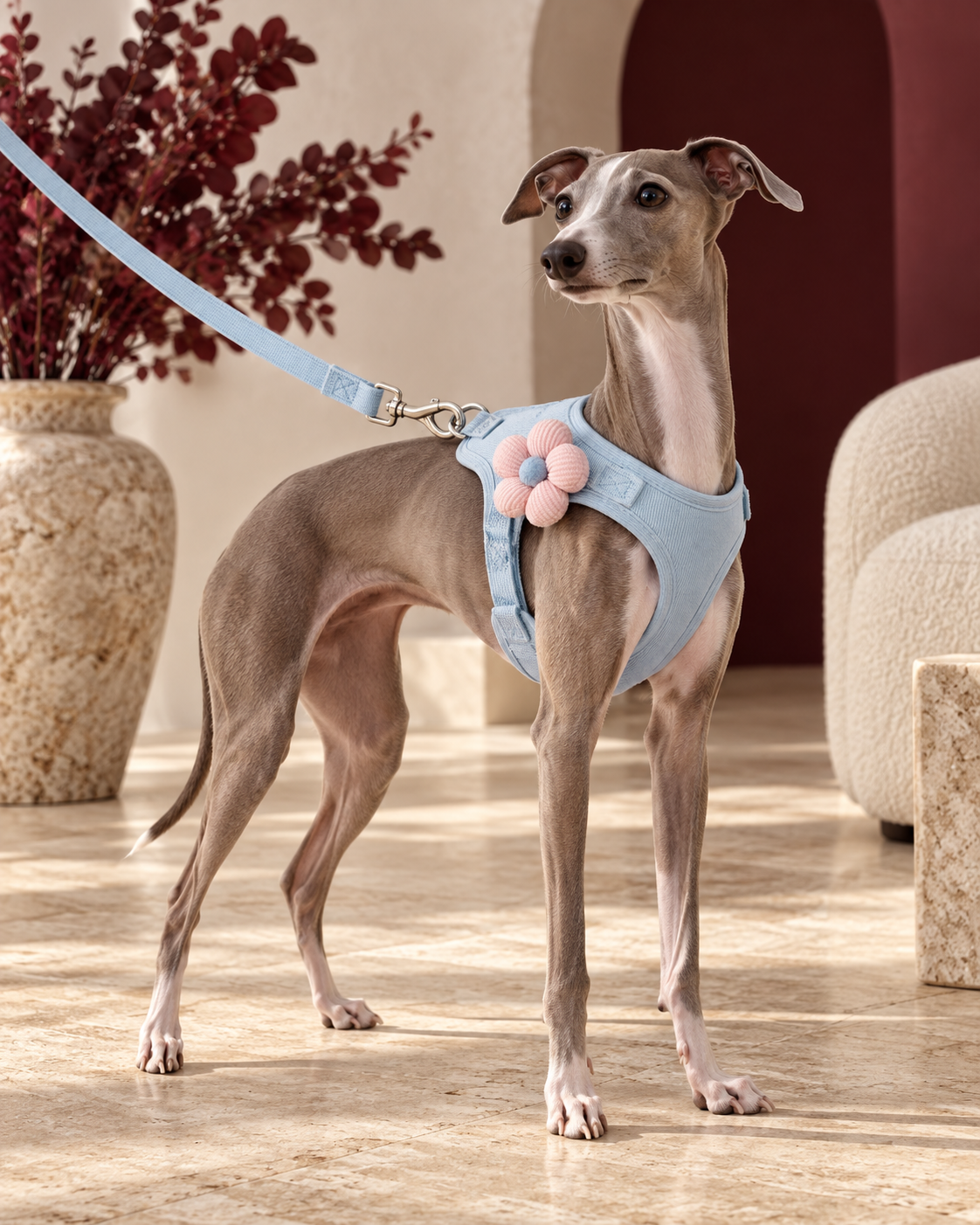 Italian Greyhound wearing the powder-blue flower harness and leash