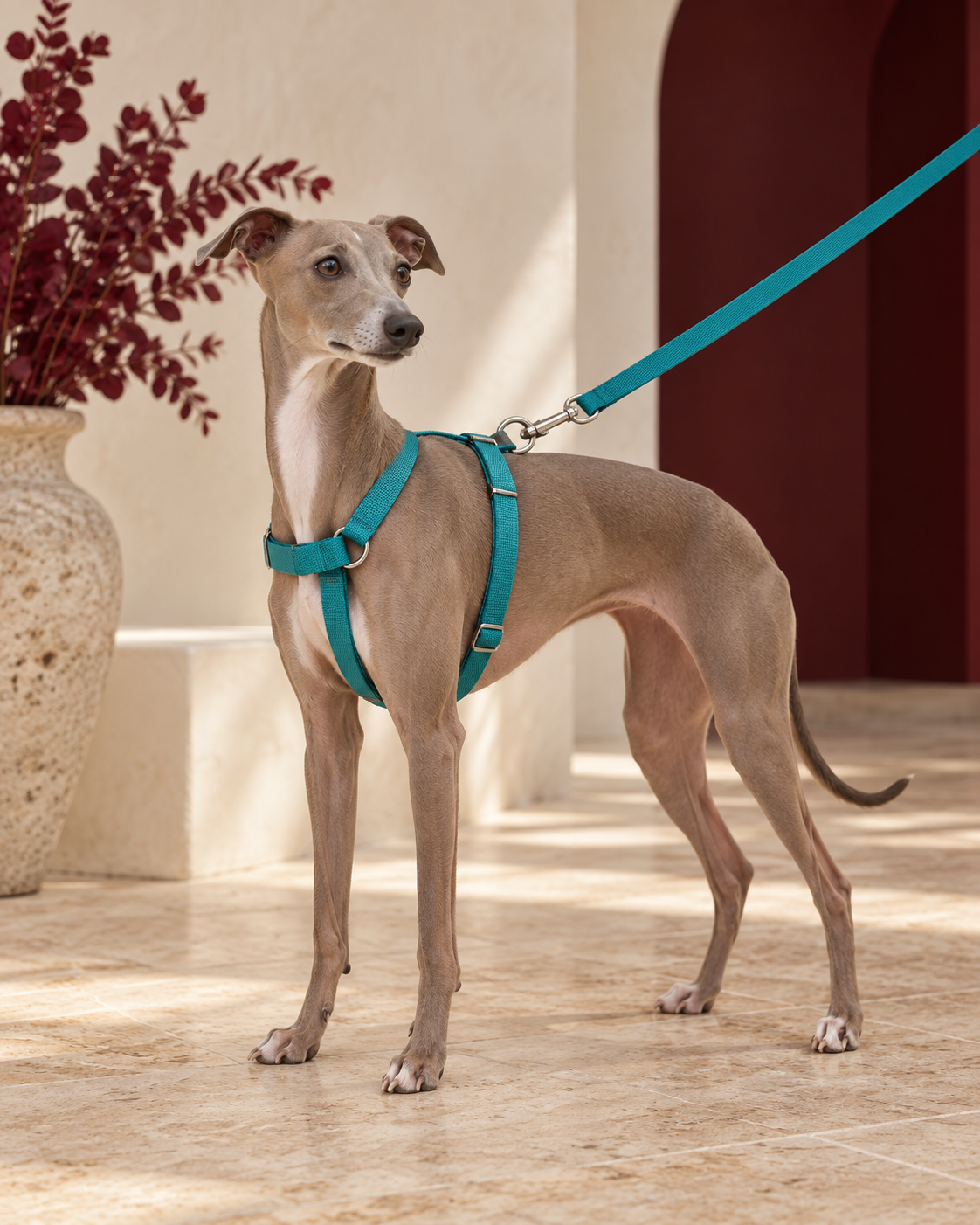Italian Greyhound wearing the teal webbing-strap harness and leash