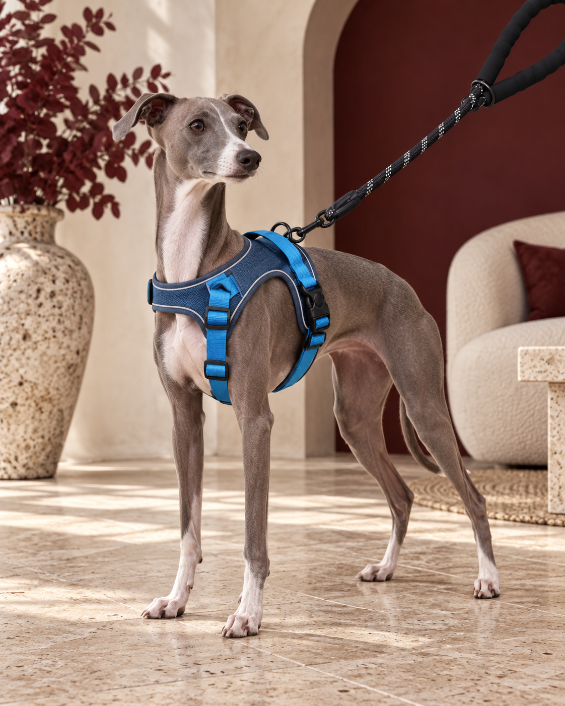 Italian Greyhound wearing the blue no-pull harness and leash