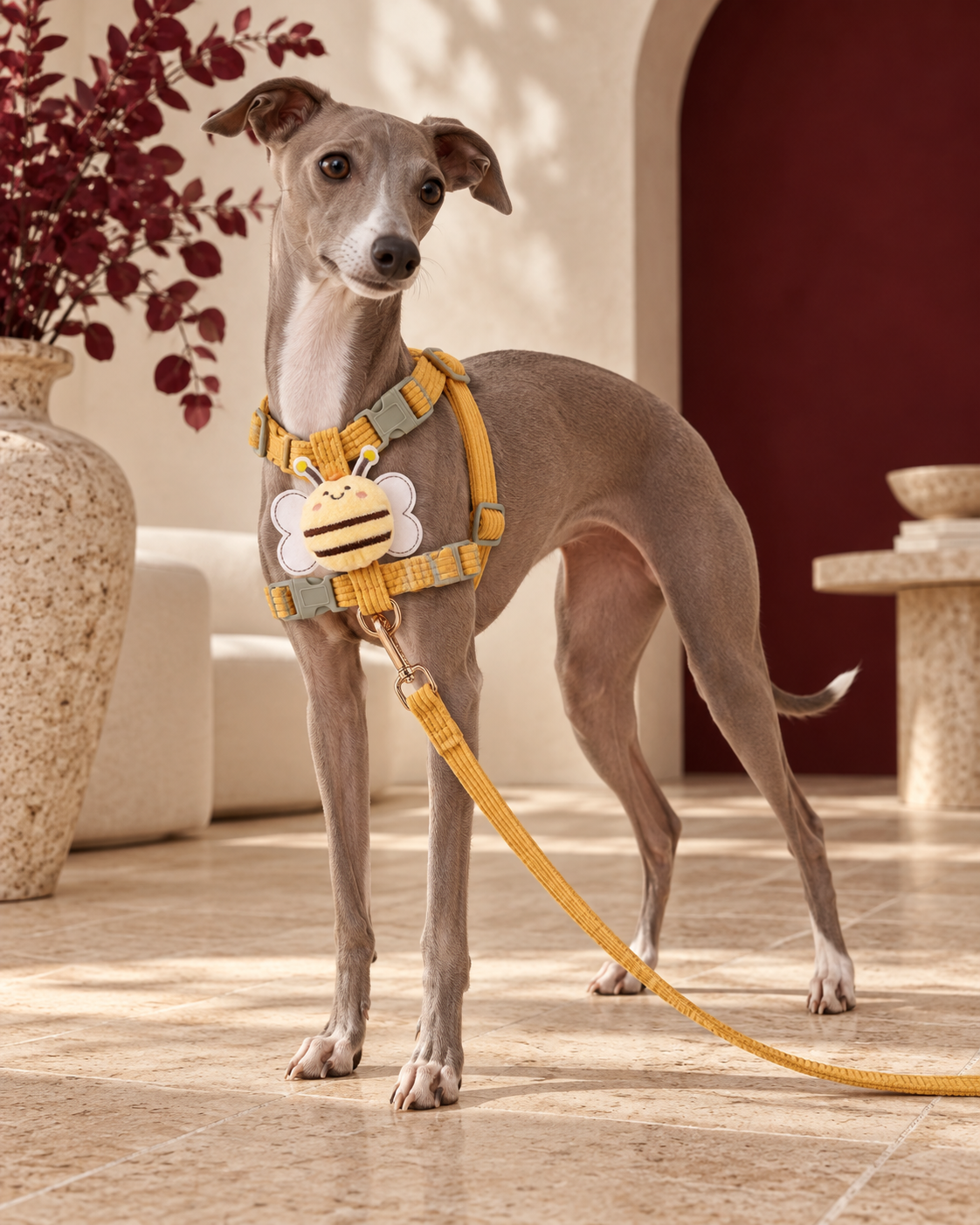 Italian Greyhound wearing the mustard-yellow bee harness and leash