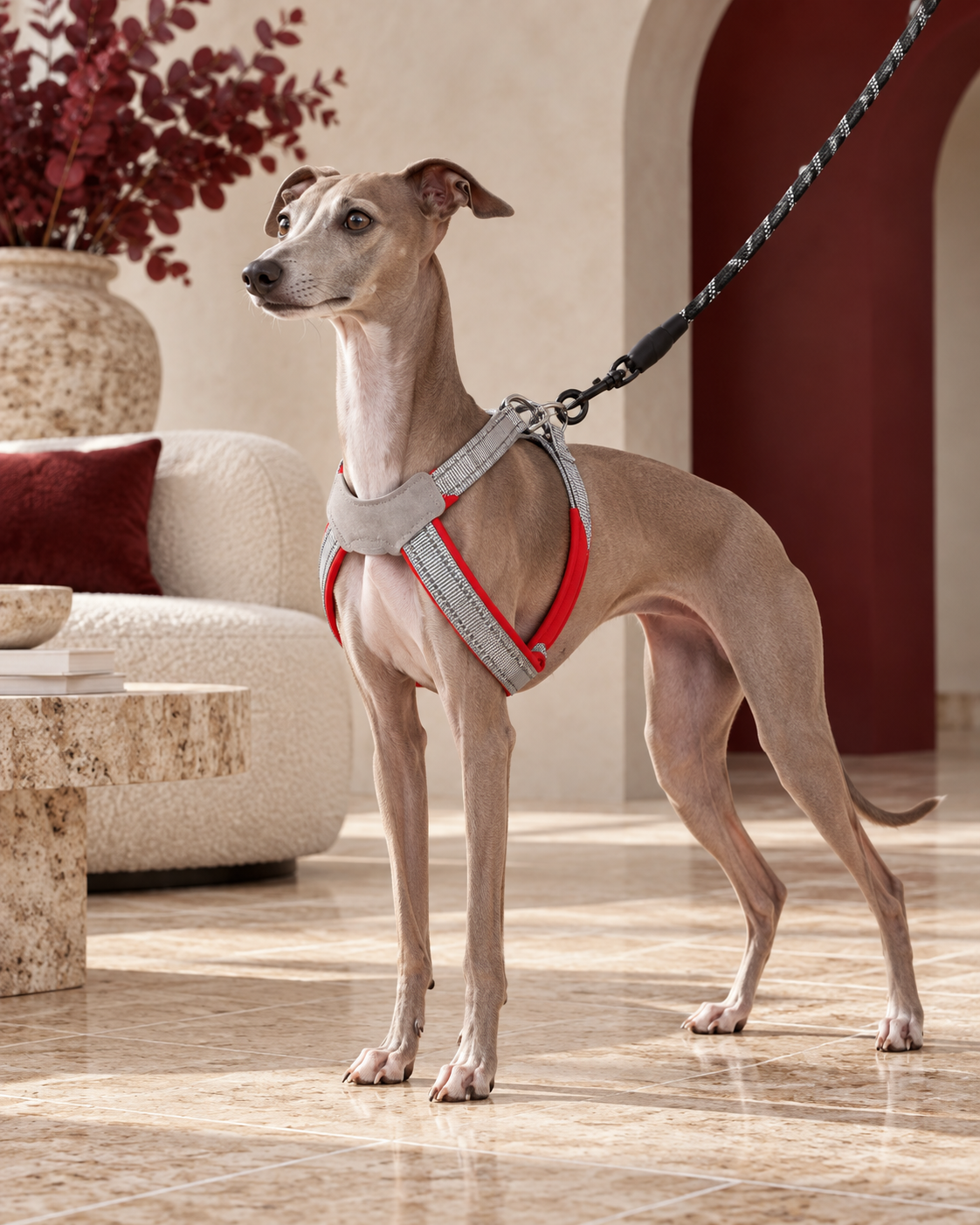 Italian Greyhound wearing the red and silver reflective harness and leash