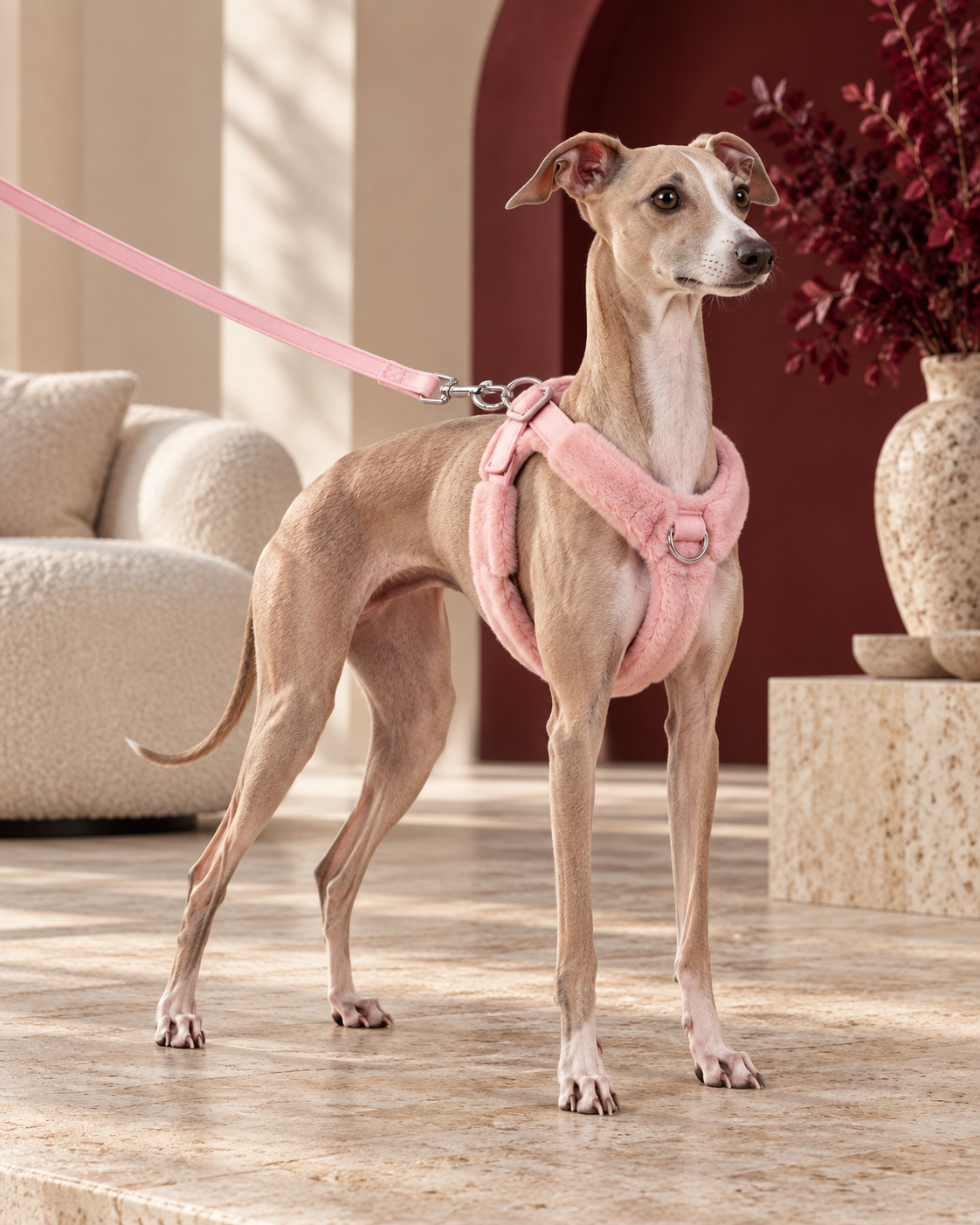 Italian Greyhound wearing the soft pink plush harness and leash