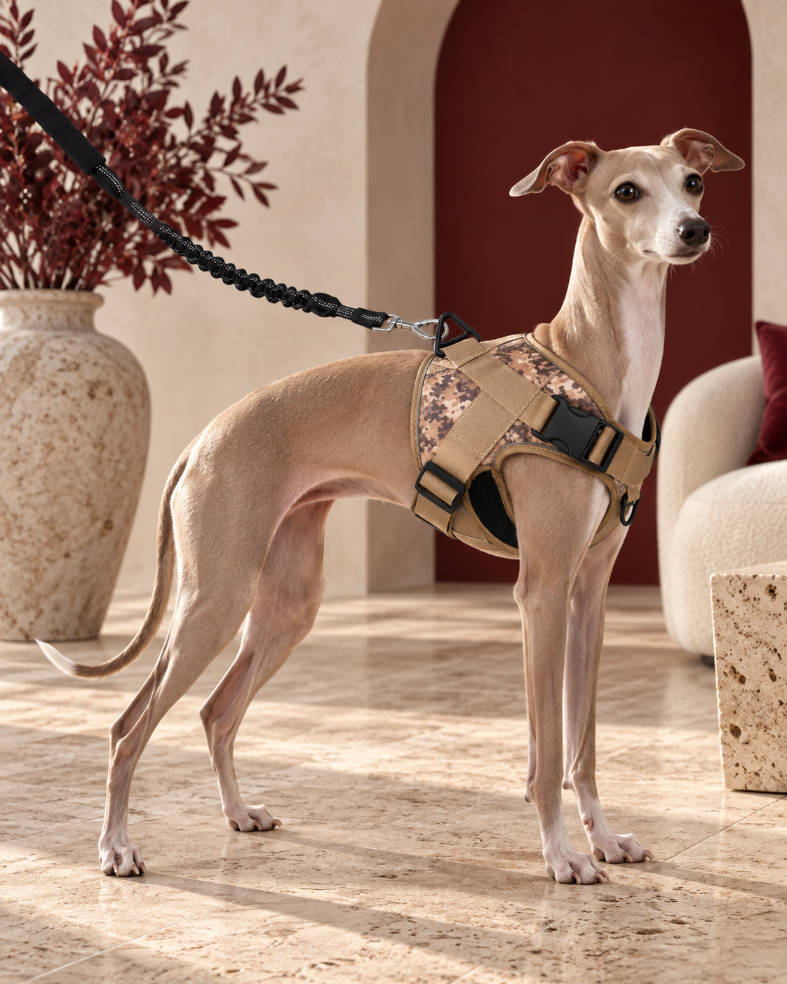 Italian Greyhound wearing the tan camo tactical harness and leash