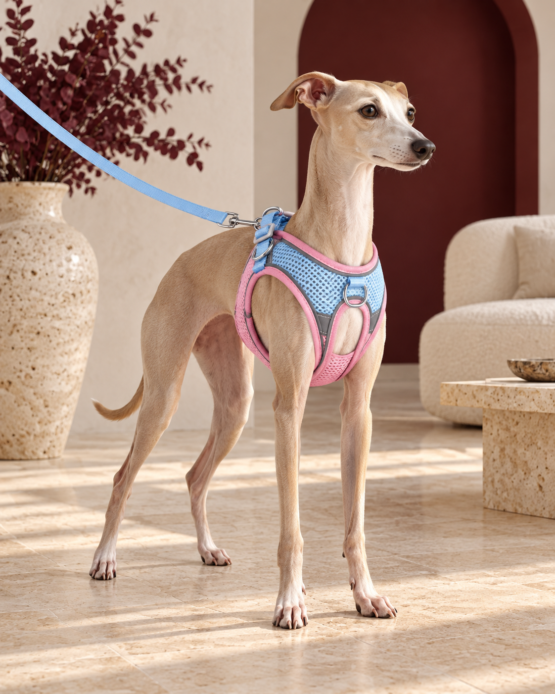 Italian Greyhound wearing the pink and blue mesh harness and leash