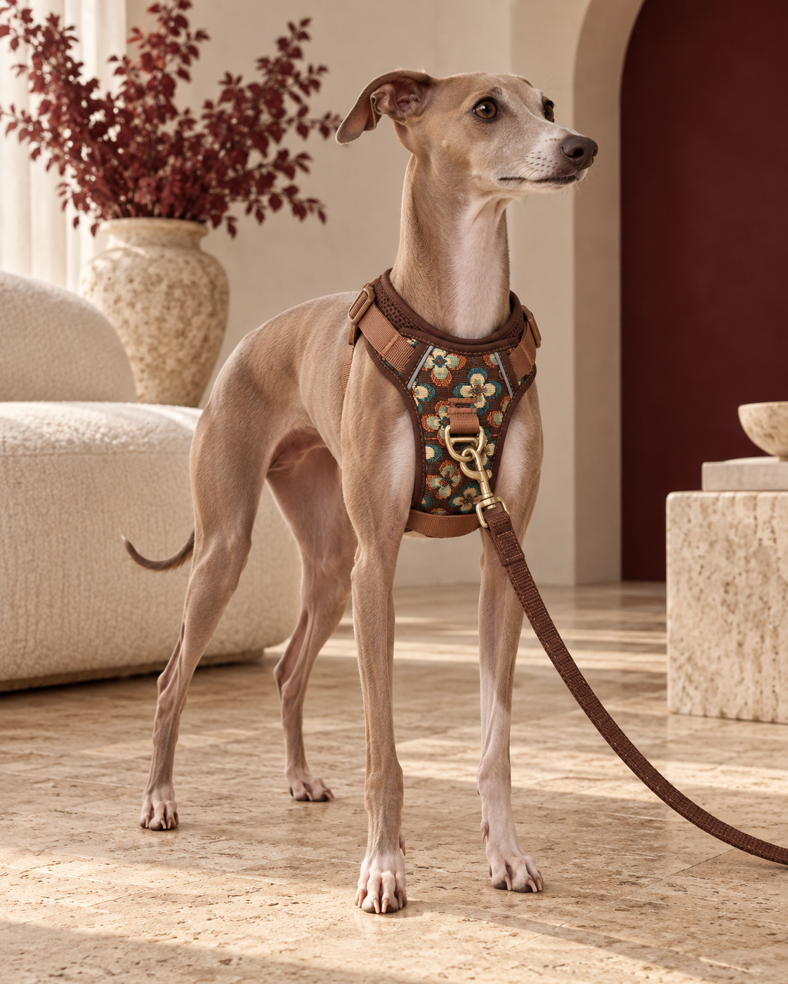Italian Greyhound wearing the floral brown harness and leash