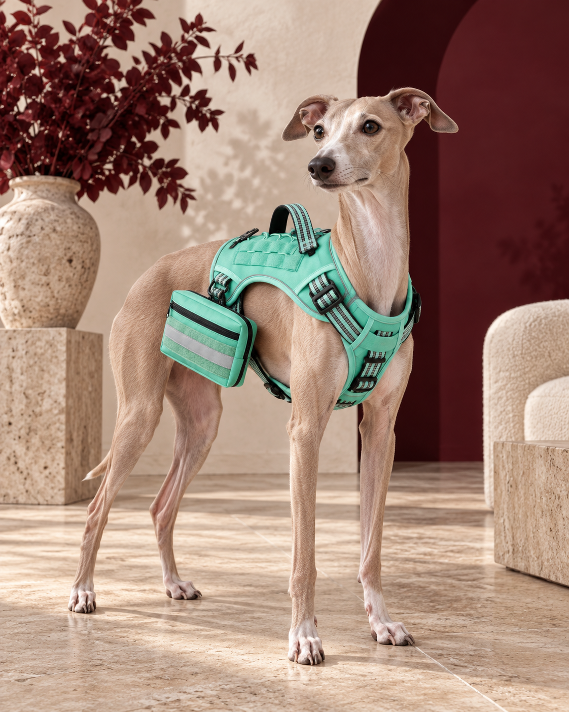 Italian Greyhound wearing the mint reflective harness and matching pouch