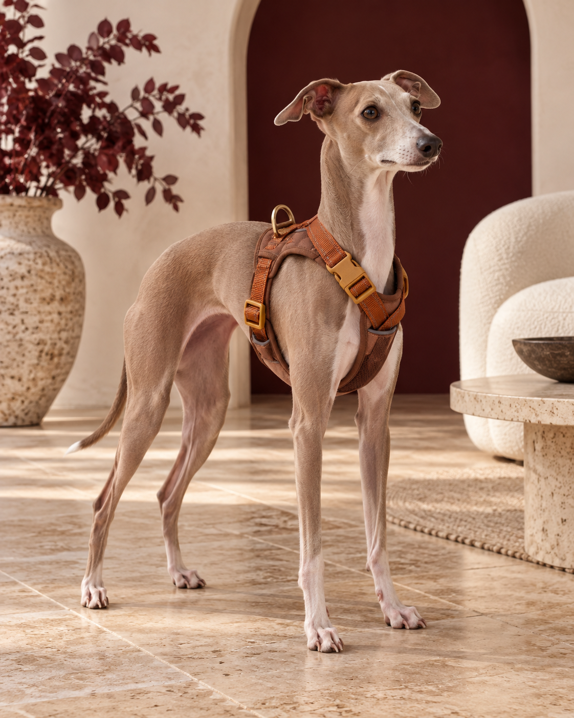 Italian Greyhound wearing the cinnamon-brown mesh harness