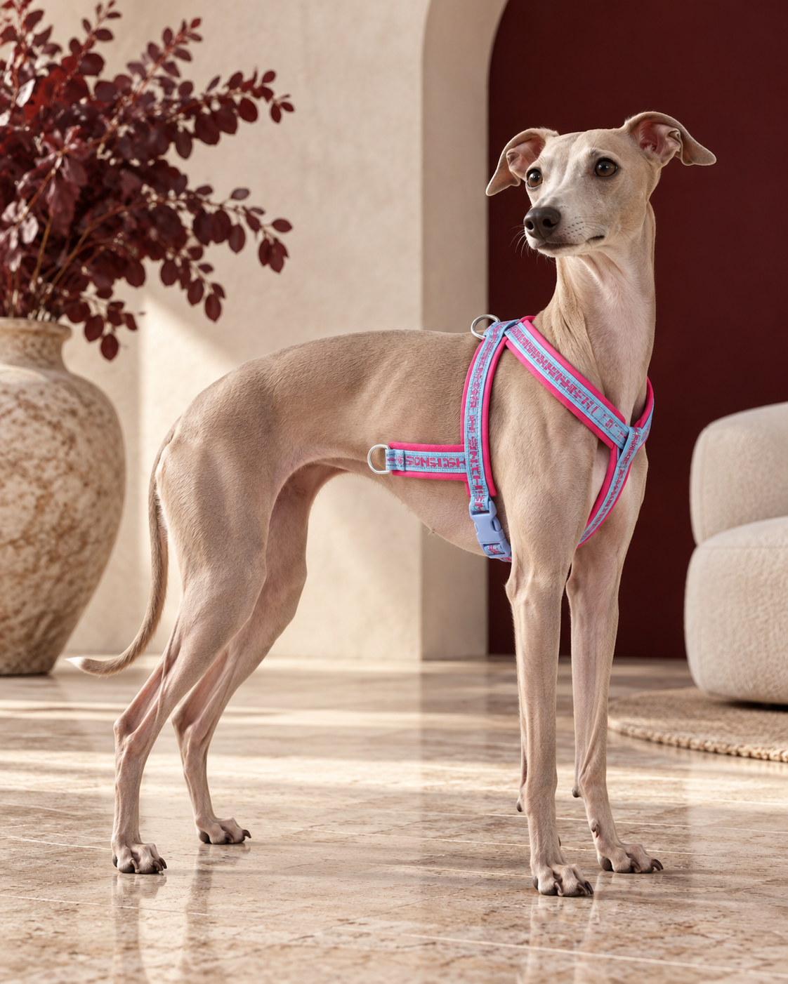 Italian Greyhound wearing the pink and blue strap harness