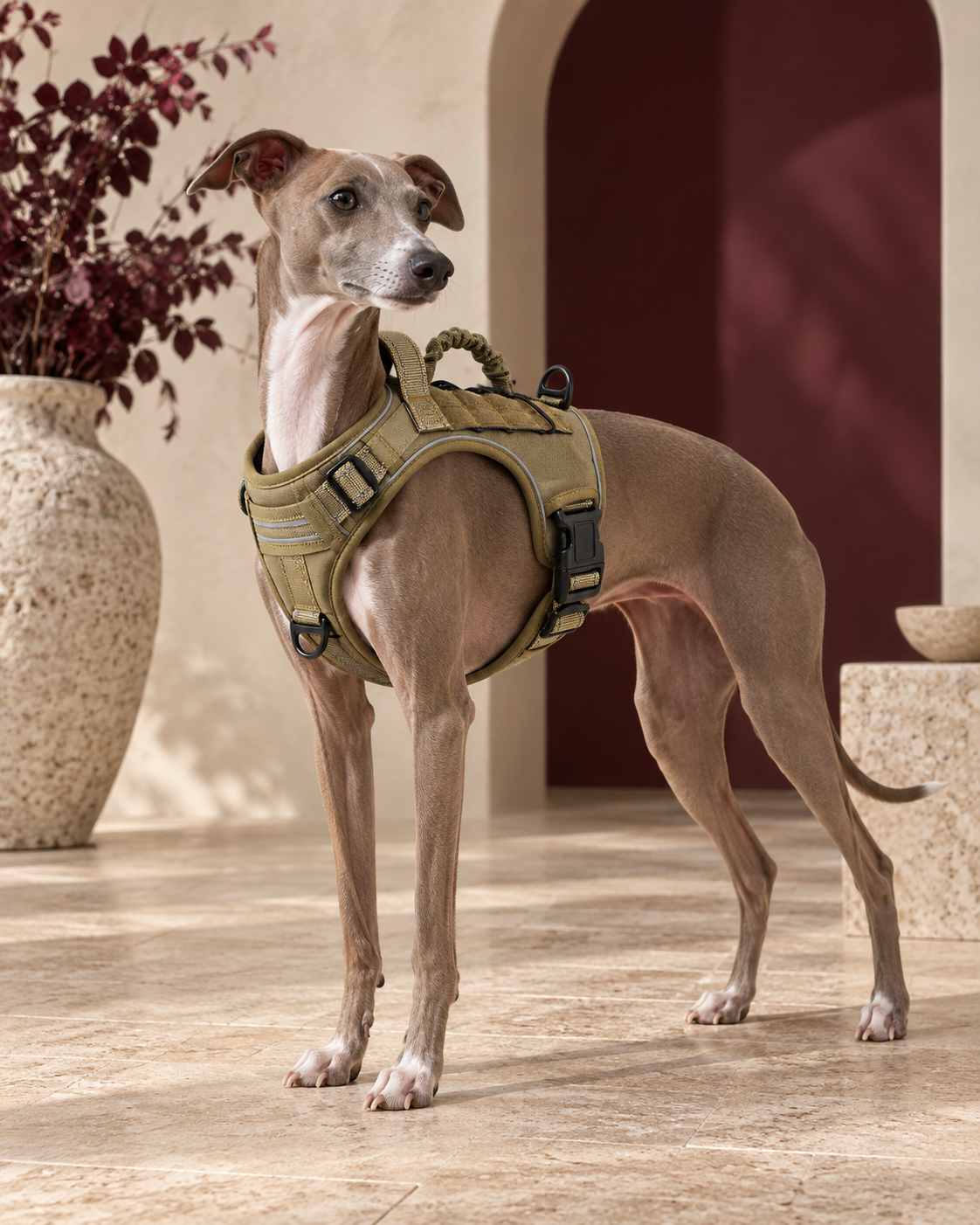 Italian Greyhound wearing the olive tactical harness