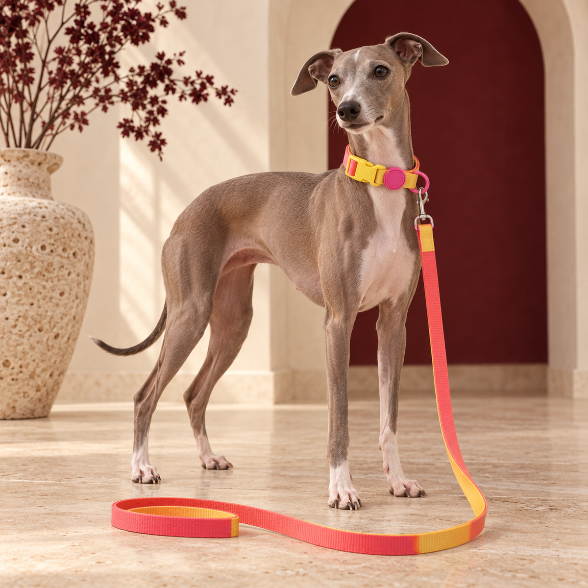Italian Greyhound with the turquoise rope leash and collar