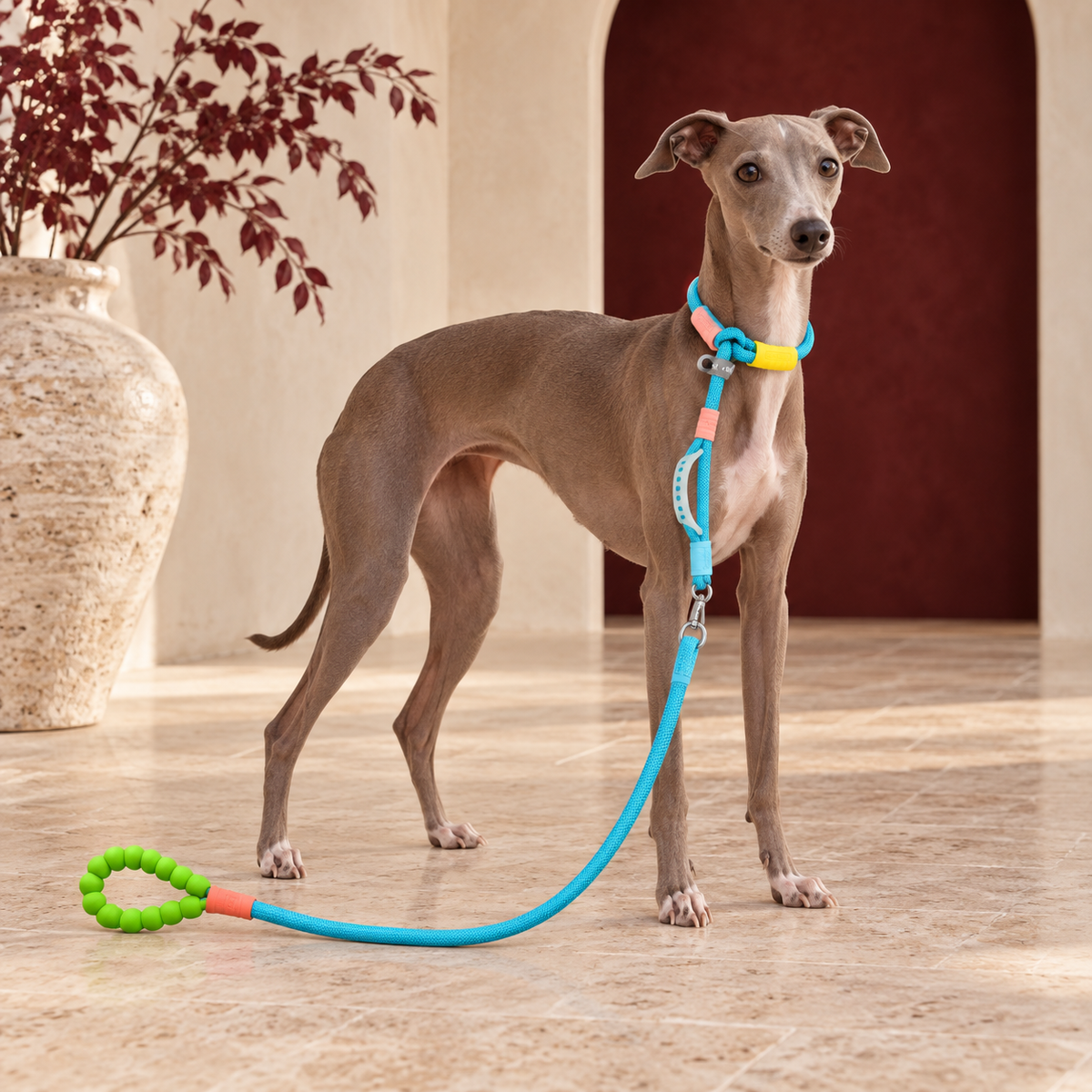 Italian Greyhound with the coral and yellow leash and collar