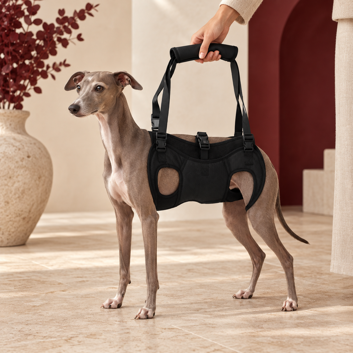Italian Greyhound wearing the pink rain jumpsuit and paw covers