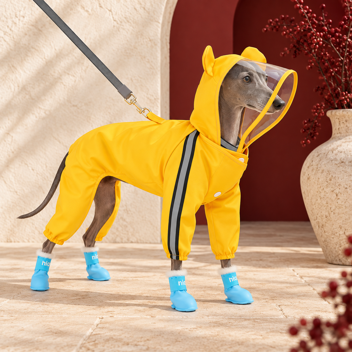 Iggy Raincoat with Hood – All-Weather Protection – Italian Greyhound in the Iggy Grey interior