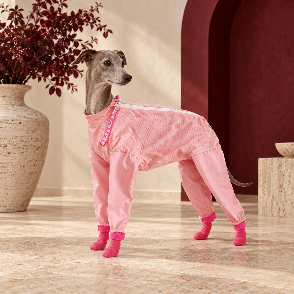 Italian Greyhound with the pastel car-seat tether clipped to a harness