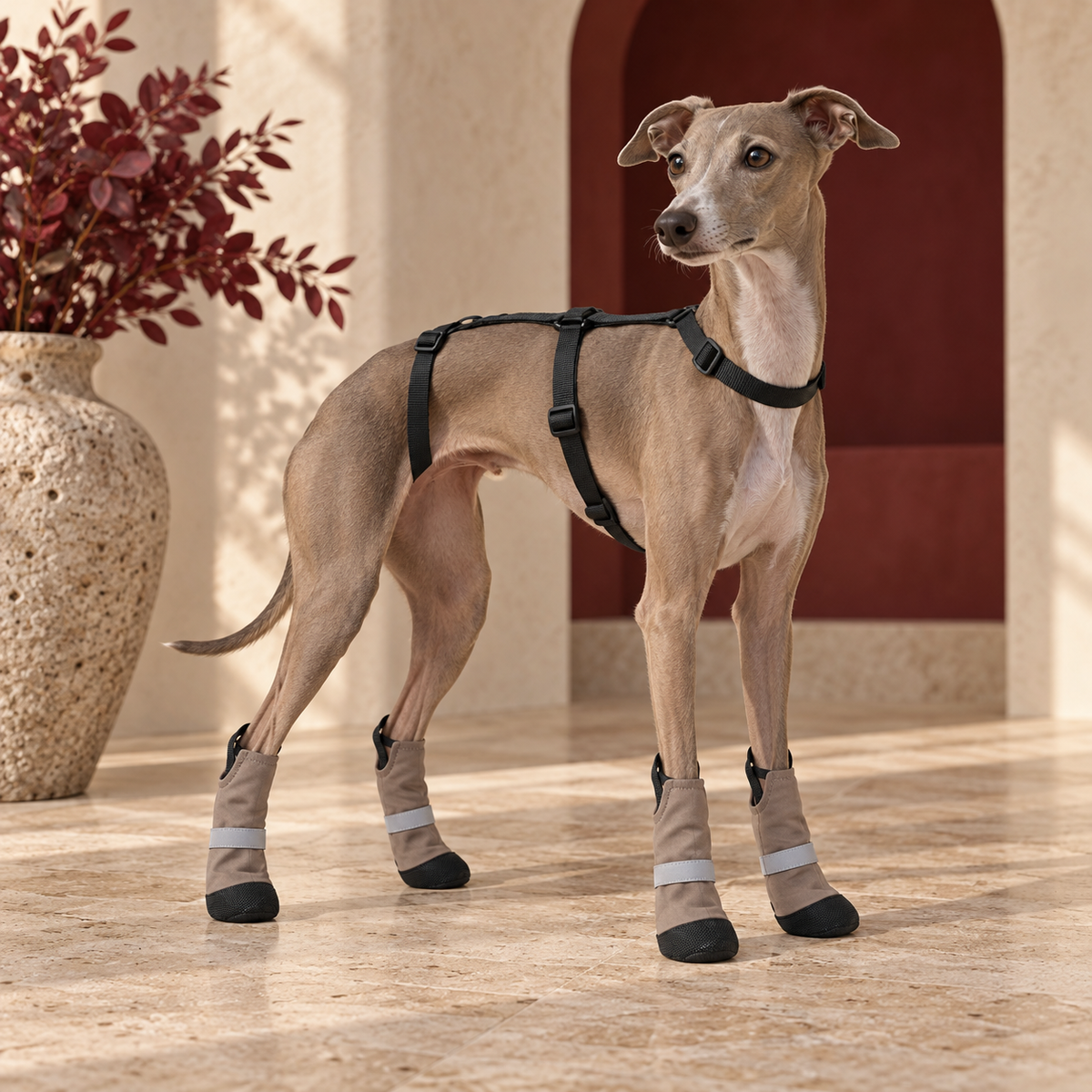 Italian Greyhound with the pink waist-belt hands-free leash
