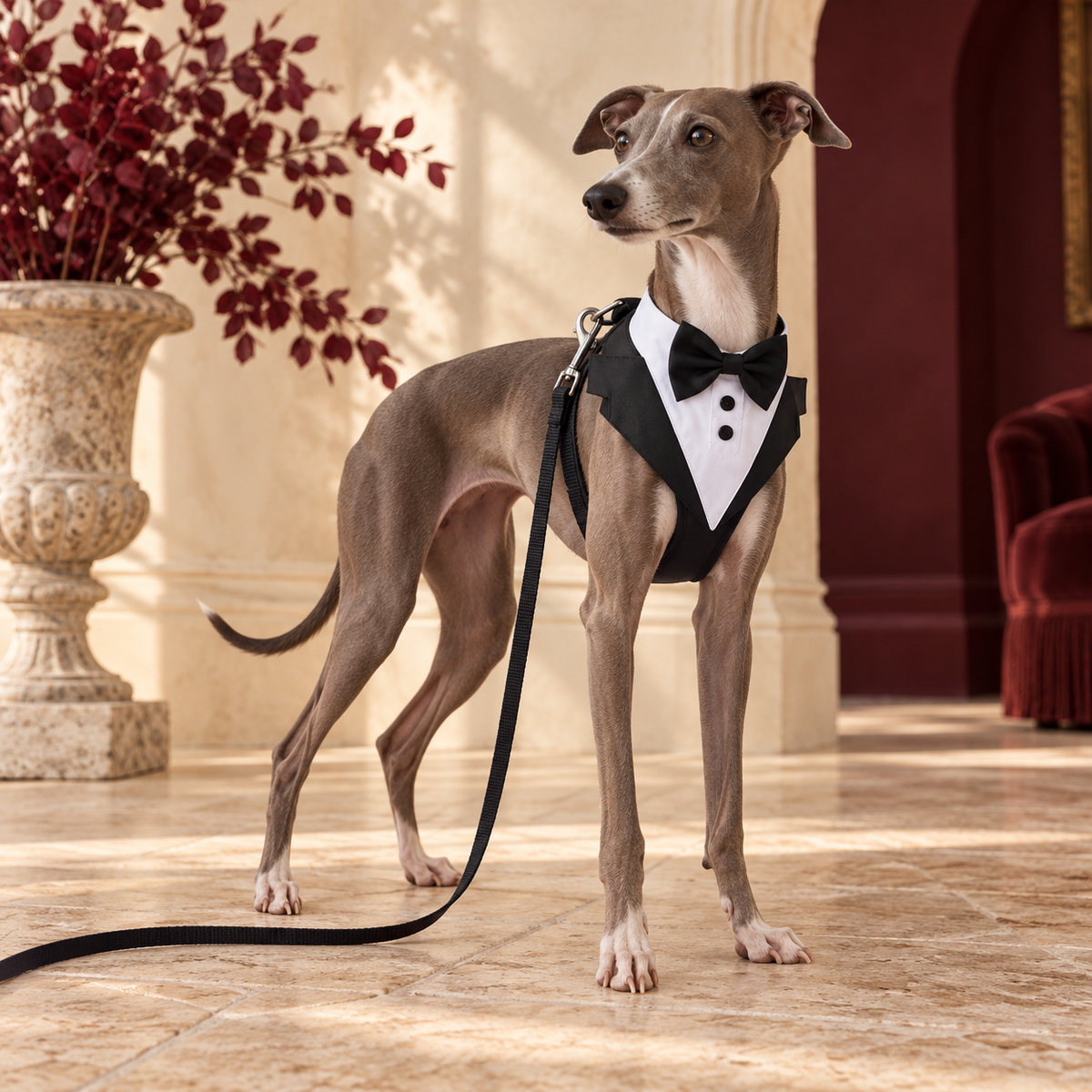 Italian Greyhound wearing the black tuxedo-style harness and leash