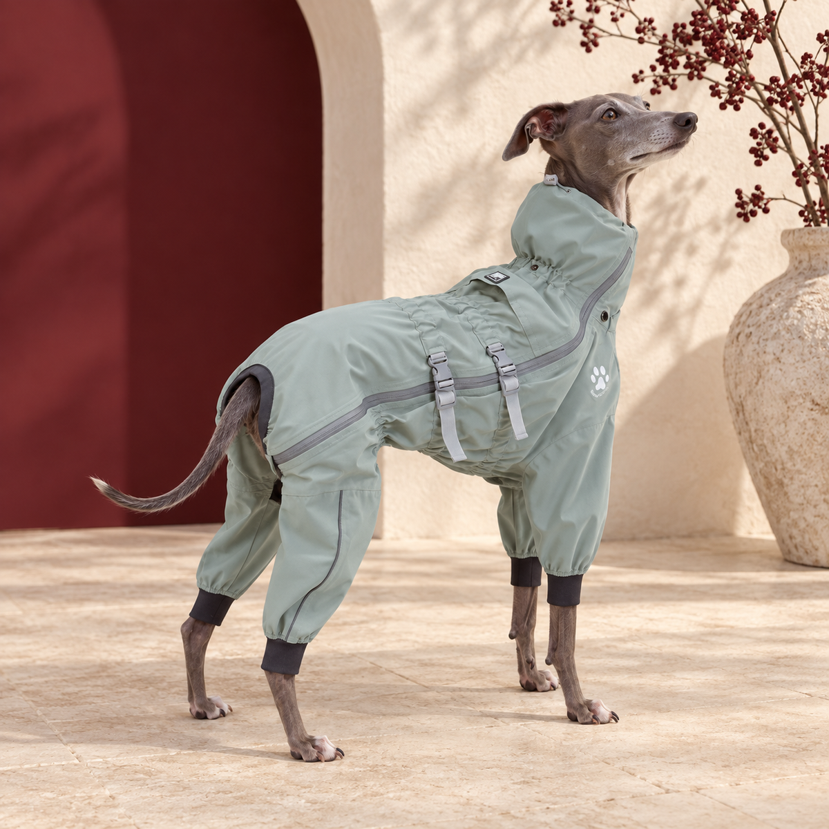 Full-Body Waterproof Iggy Hooded Jacket with Adjustable Fit – Italian Greyhound in the Iggy Grey interior