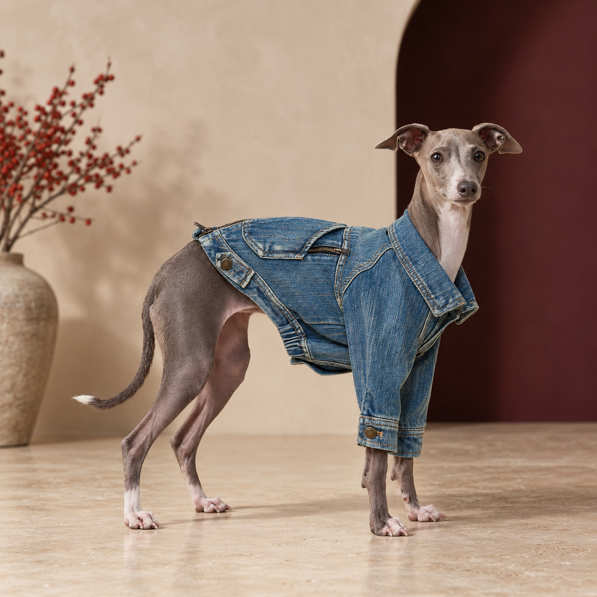 Italian Greyhound wearing a washed blue cotton denim jacket