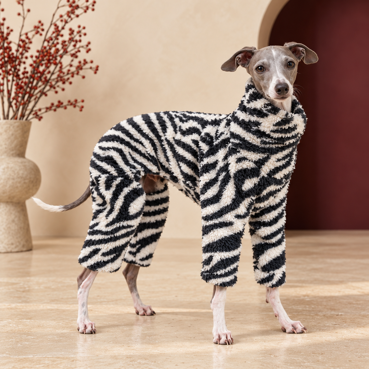 Italian Greyhound wearing zebra coral fleece four-leg pajamas