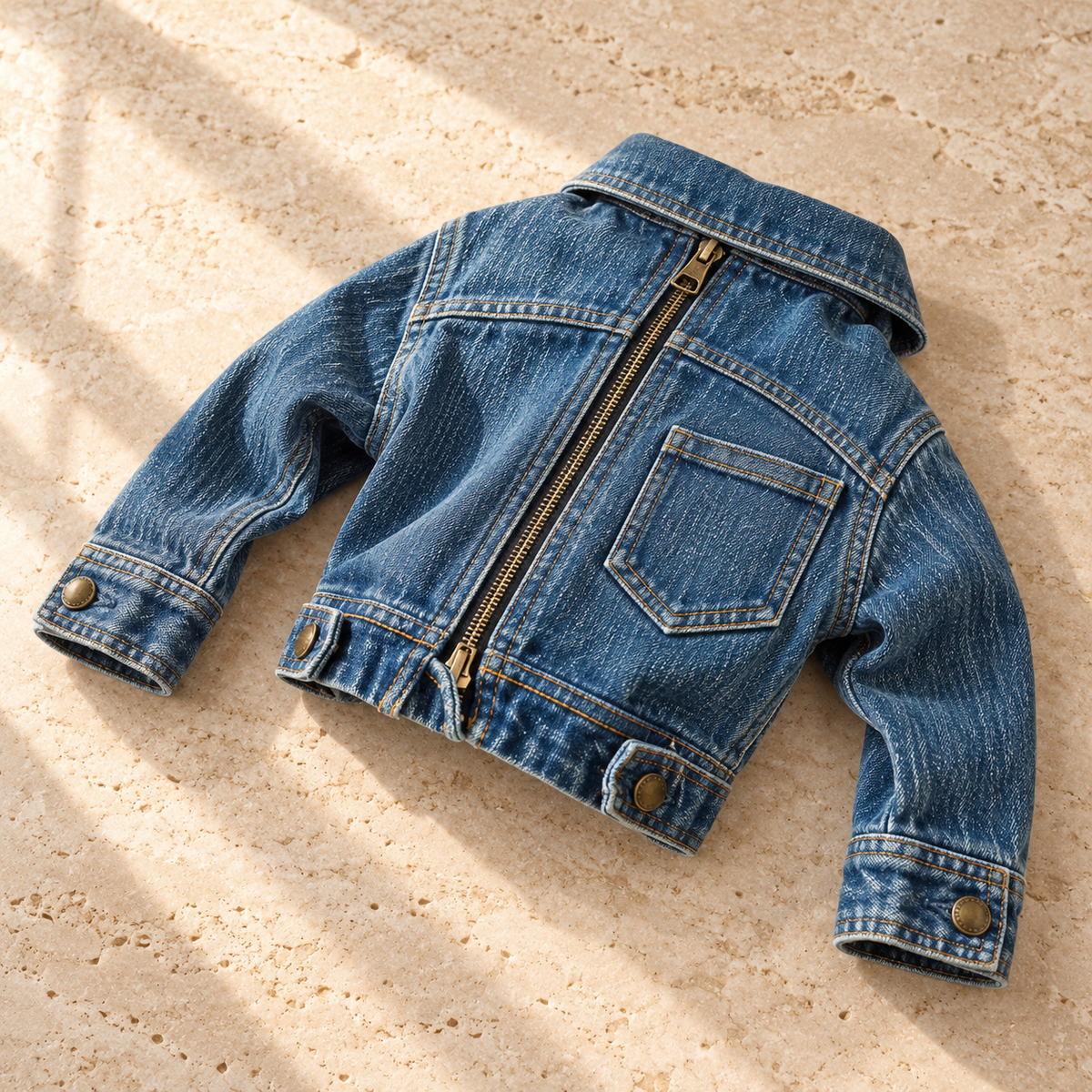 Washed blue dog denim jacket laid flat with back zipper and pocket